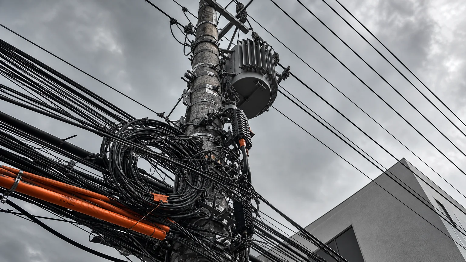 Poste de energia elétrica com cabos de rede de telecomunicações compartilhando o mesmo espaço, representando o impasse regulatório entre Aneel e Anatel sobre compartilhamento de postes